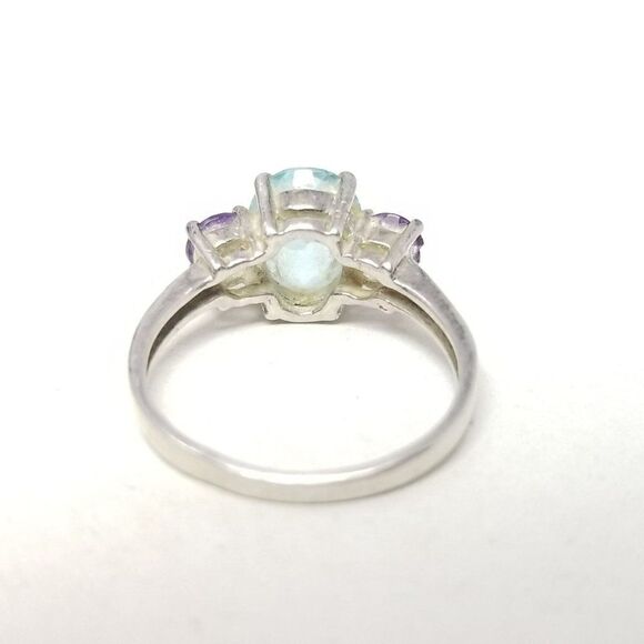 Vintage Sterling Silver Blue and Purple Rhinestone Three Stone Ring, Size 6 Band - Picture 7 of 10